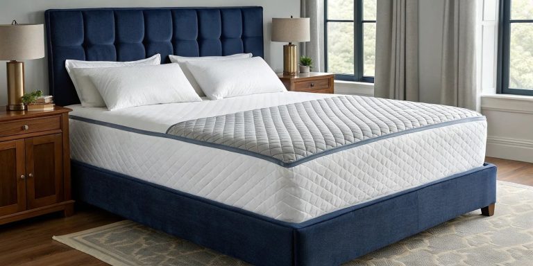 Cooling mattress protector fitted on a neatly made bed in a bright bedroom