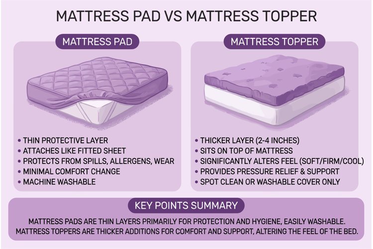 Mattress pad, topper and protector layered on a neatly made bed